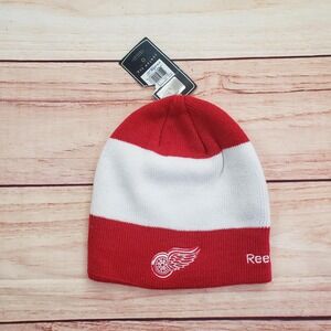 Detroit Red Wings Hat Cap Knit Beanie One Size Red White NHL Hockey Reebok Mens